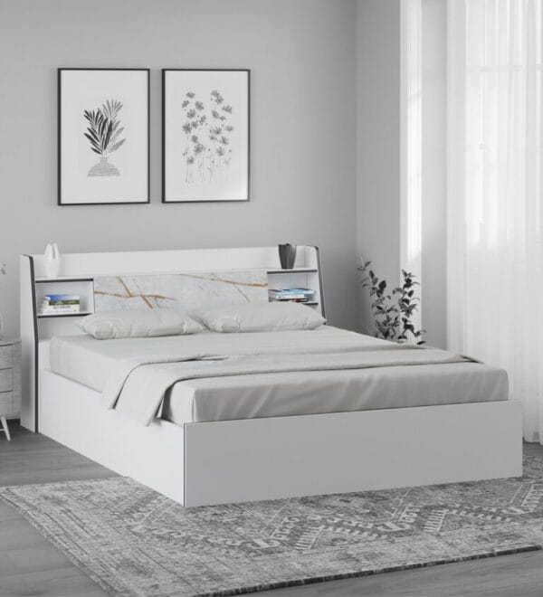 Marbito King Size Bed With Box & Headboard Storage in White Colour